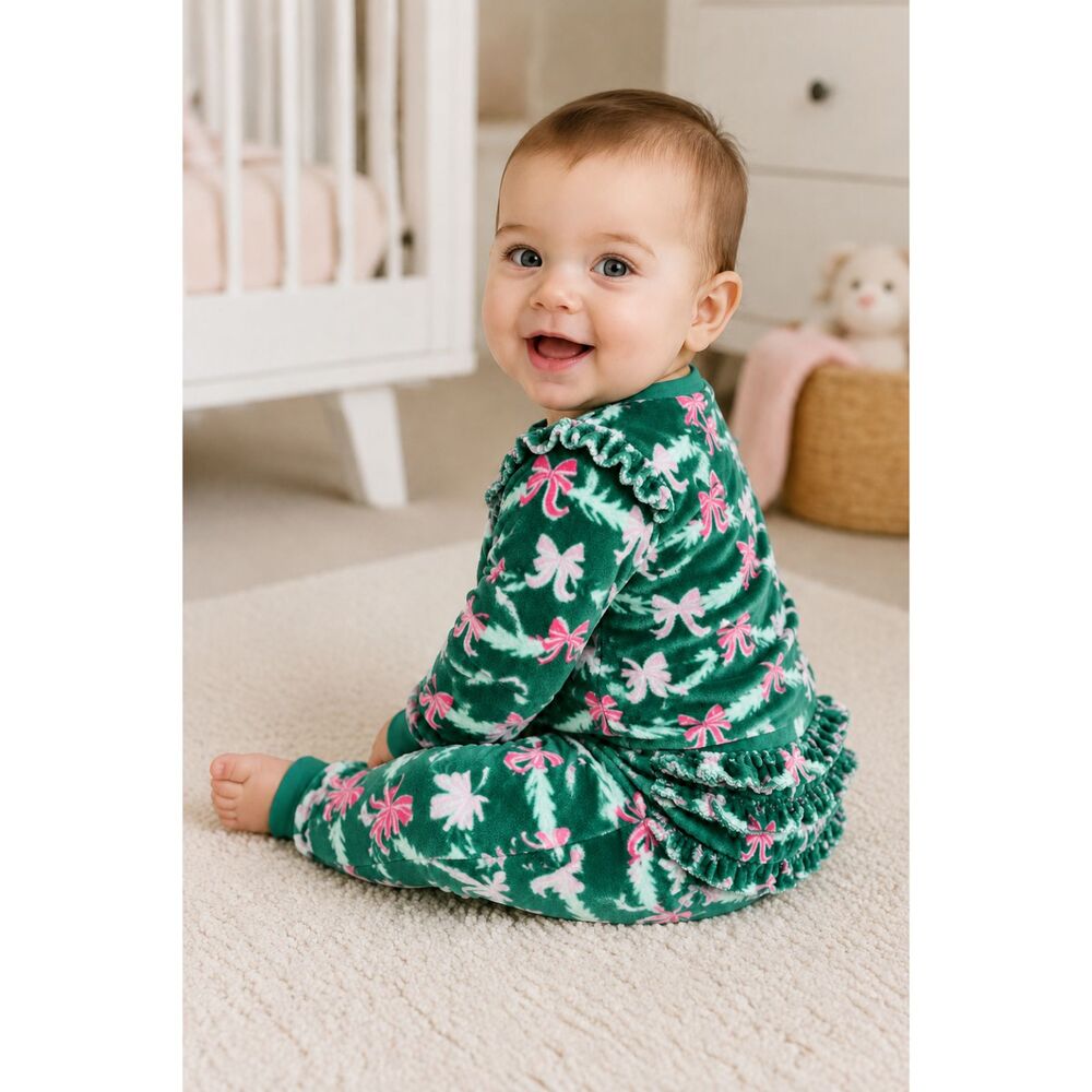 RuffleButts Baby Girl Christmas Bow Velour Outfit Set 6–12M NWT